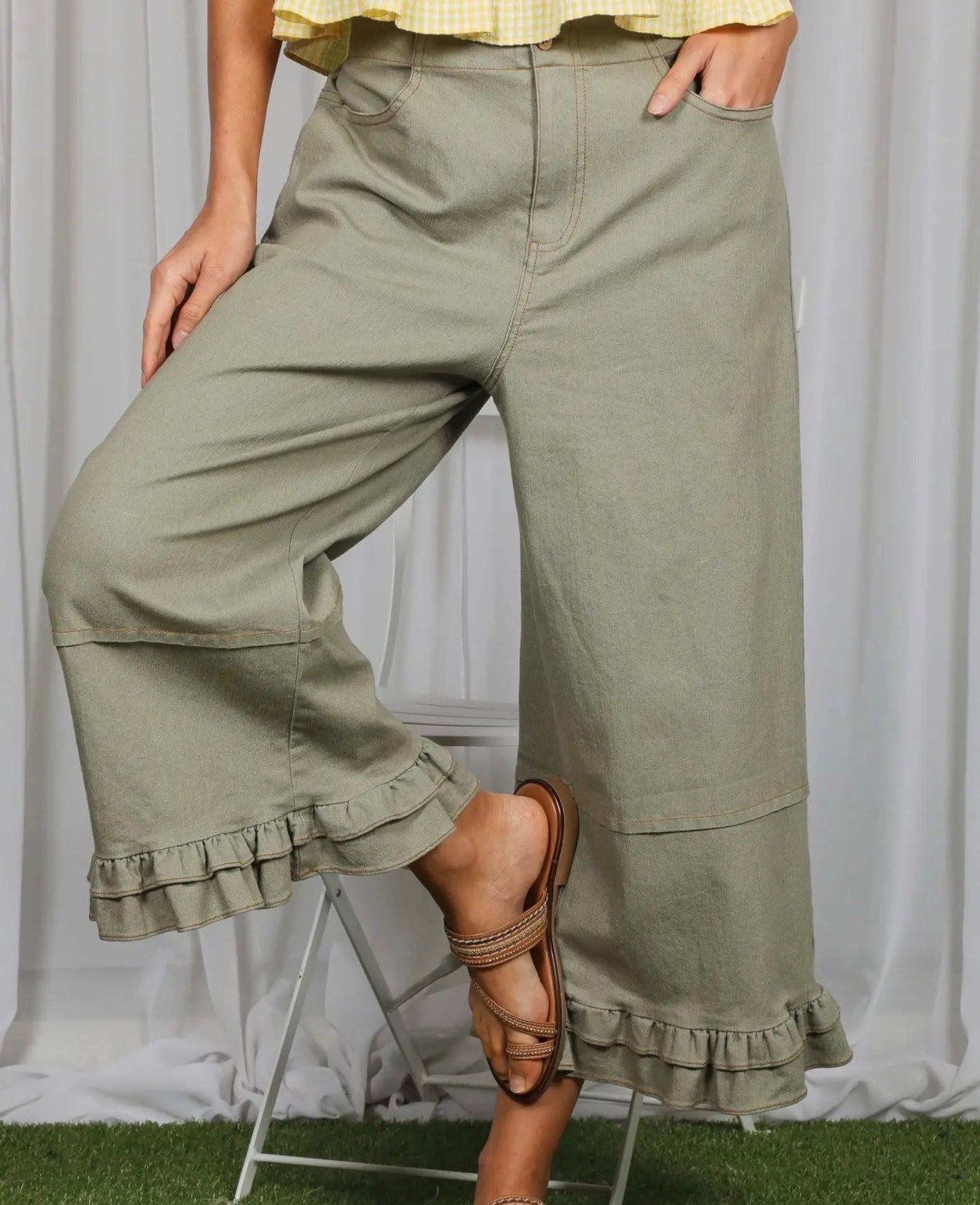 Olive Breeze Ruffle Hem Pants