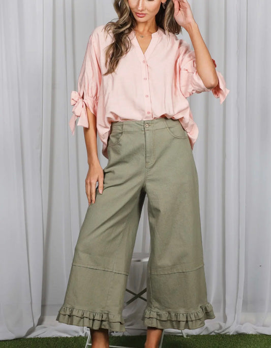 Olive Breeze Ruffle Hem Pants