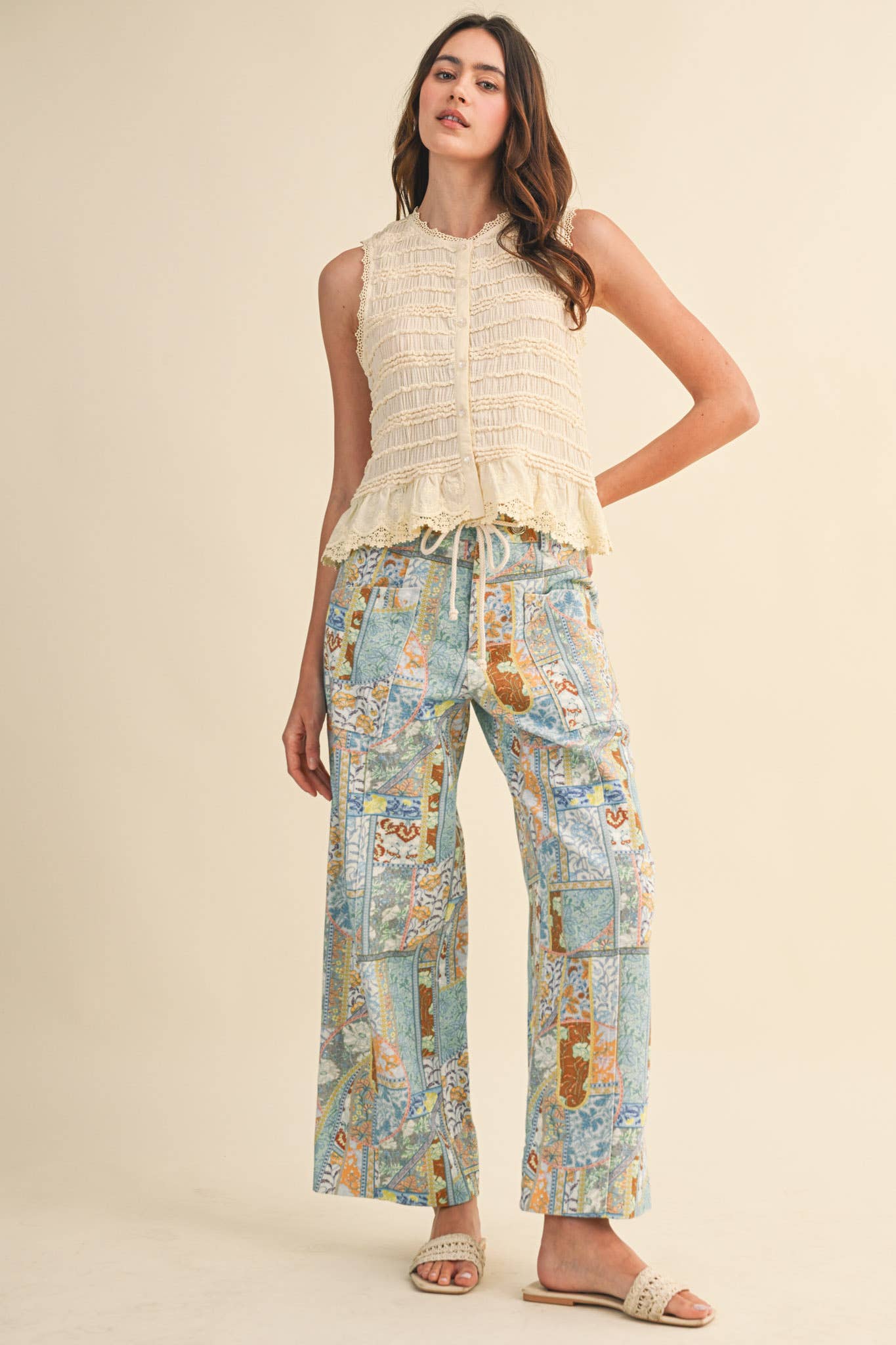 &MERCI - SHIRRED BUTTON DOWN TOP WITH LACE TRIM MTP4759