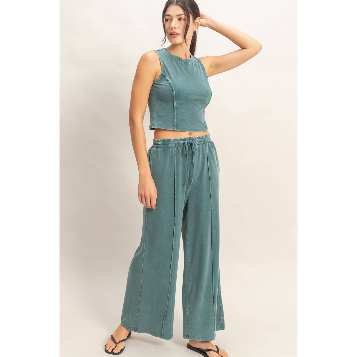 Double Zero - Mineral Washed Sleeveless Top & Wide Leg Pants Set