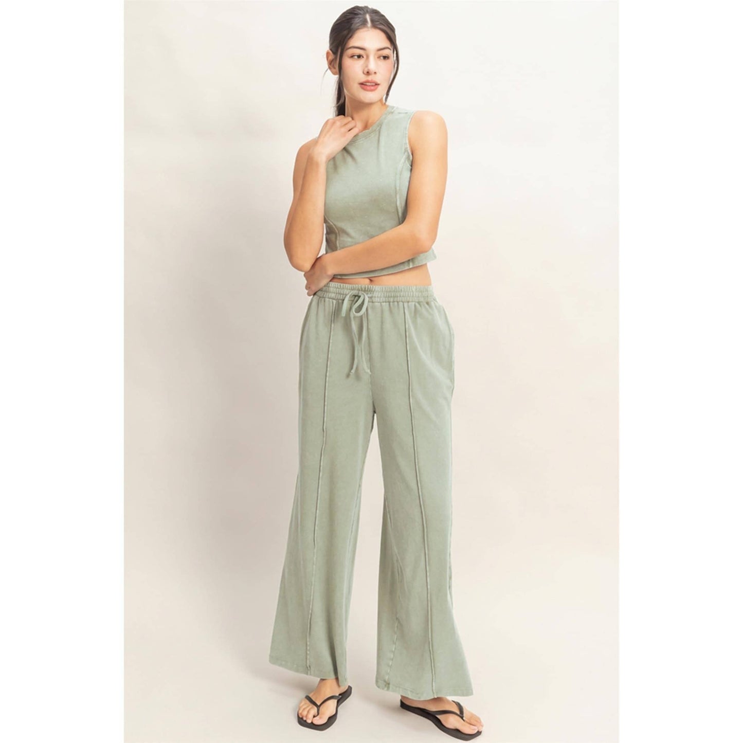 Double Zero - Mineral Washed Sleeveless Top & Wide Leg Pants Set