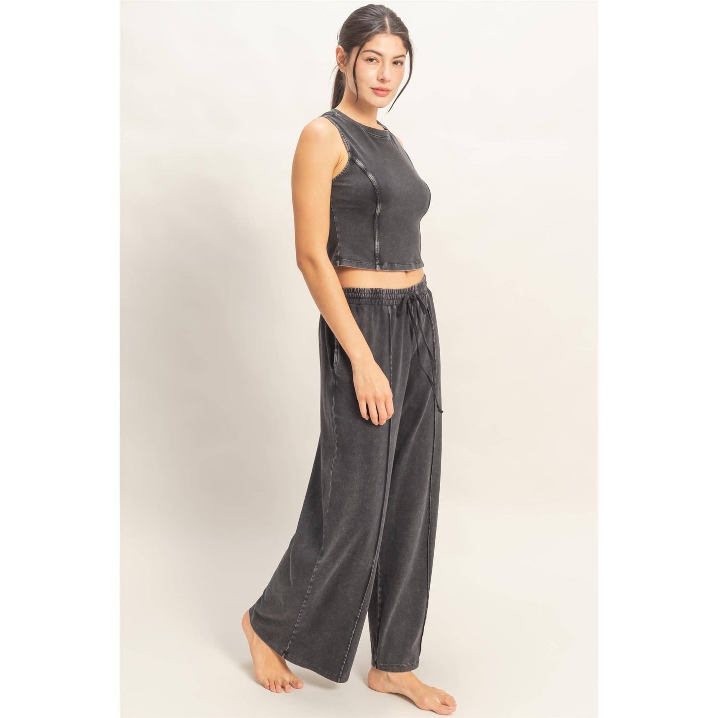 Double Zero - Mineral Washed Sleeveless Top & Wide Leg Pants Set