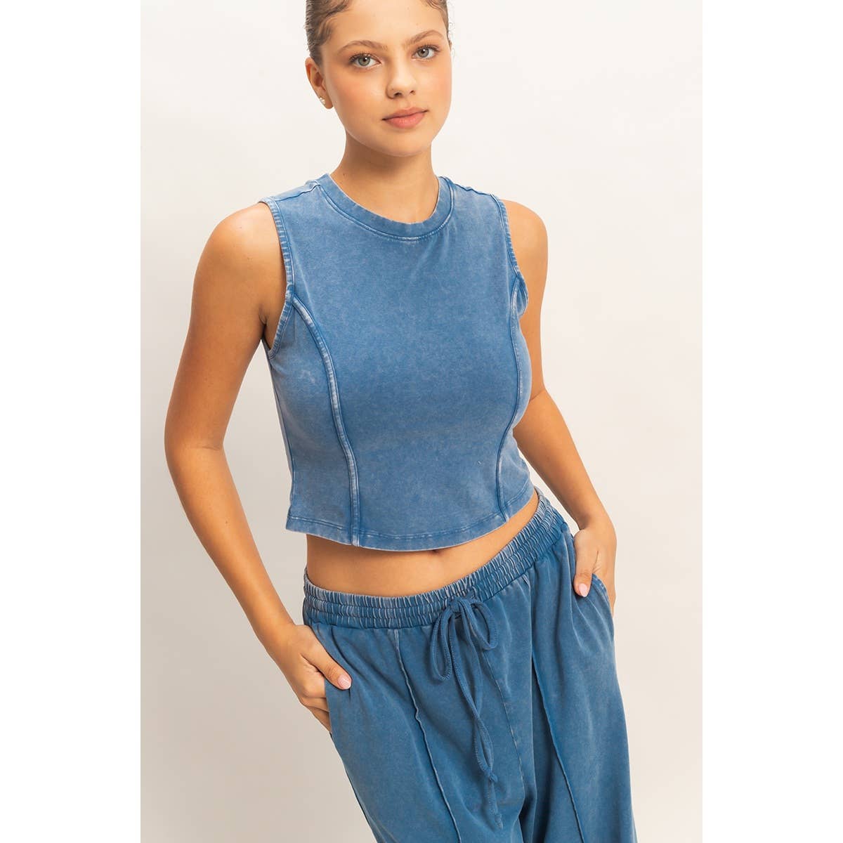 Double Zero - Mineral Washed Sleeveless Top & Wide Leg Pants Set