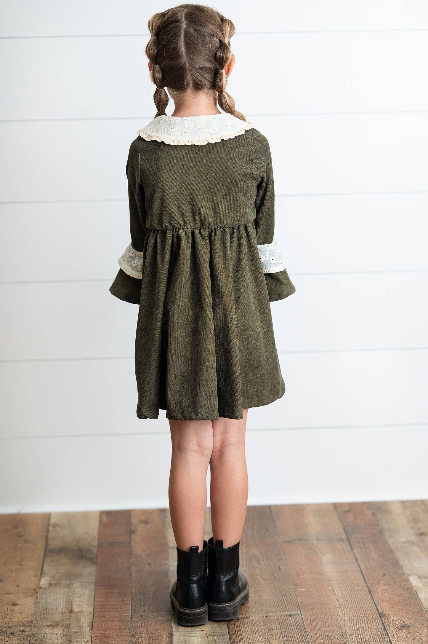Wren & James - Girls Olive Green Corduroy & Lace Bell Sleeve Fall Dress