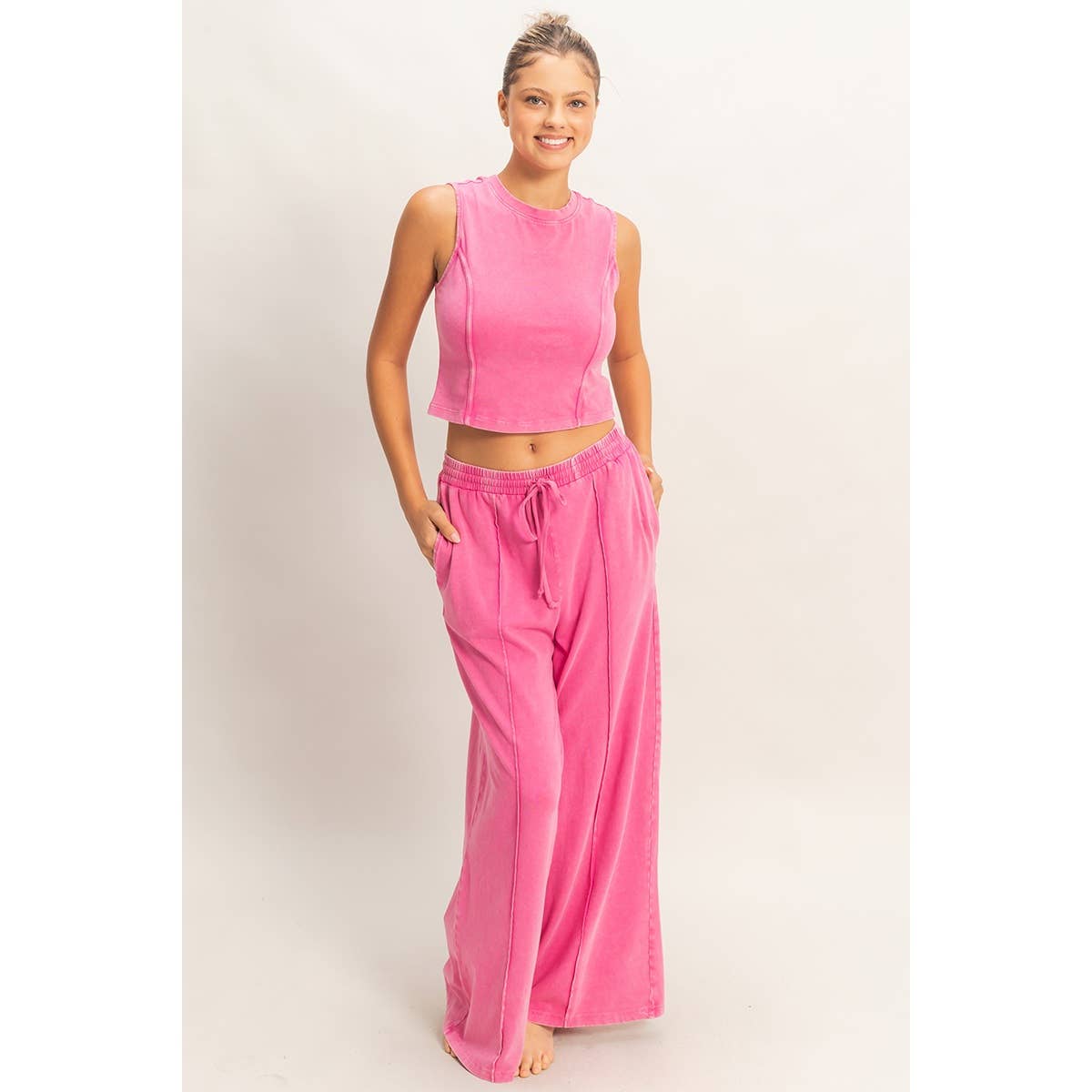 Double Zero - Mineral Washed Sleeveless Top & Wide Leg Pants Set
