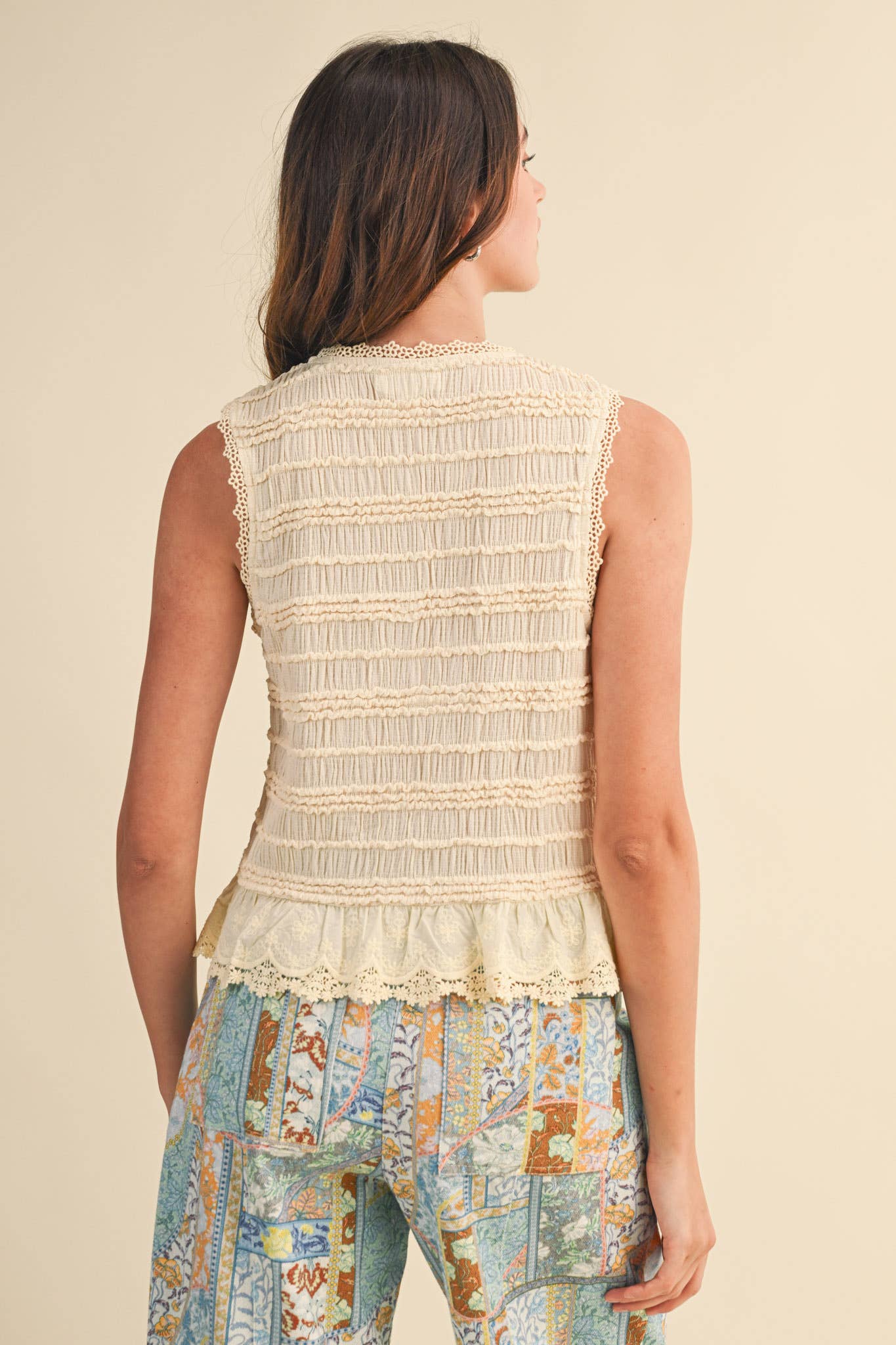 &MERCI - SHIRRED BUTTON DOWN TOP WITH LACE TRIM MTP4759