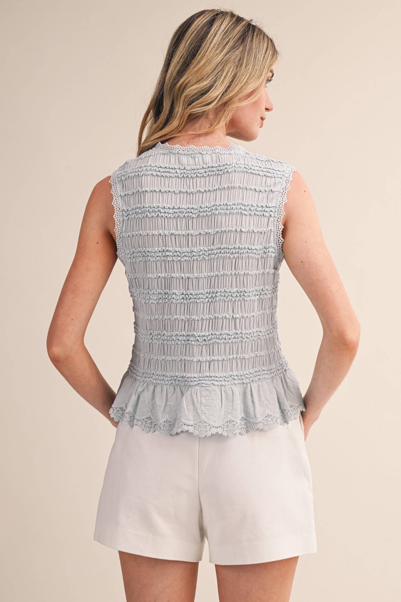 &MERCI - SHIRRED BUTTON DOWN TOP WITH LACE TRIM MTP4759