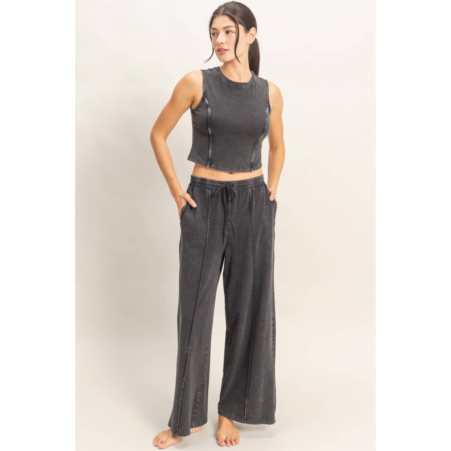 Double Zero - Mineral Washed Sleeveless Top & Wide Leg Pants Set