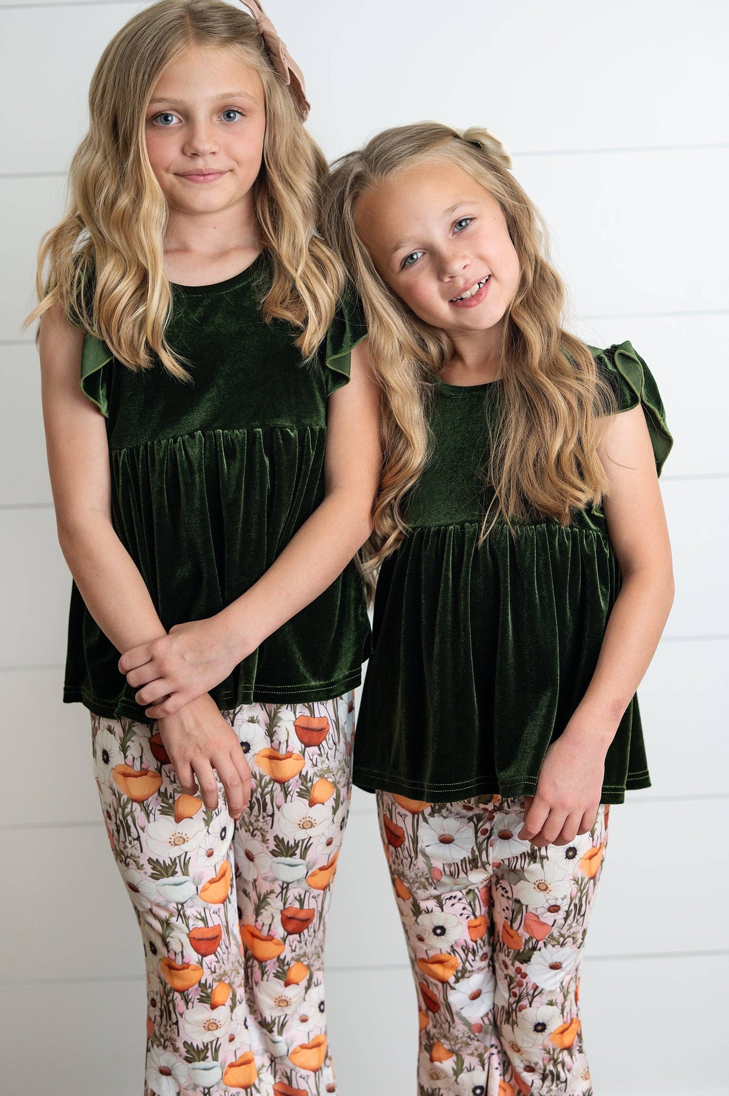 Wren & James - Girls Olive Velvet Ruffle Top & Retro Bell Bottom Pant Set