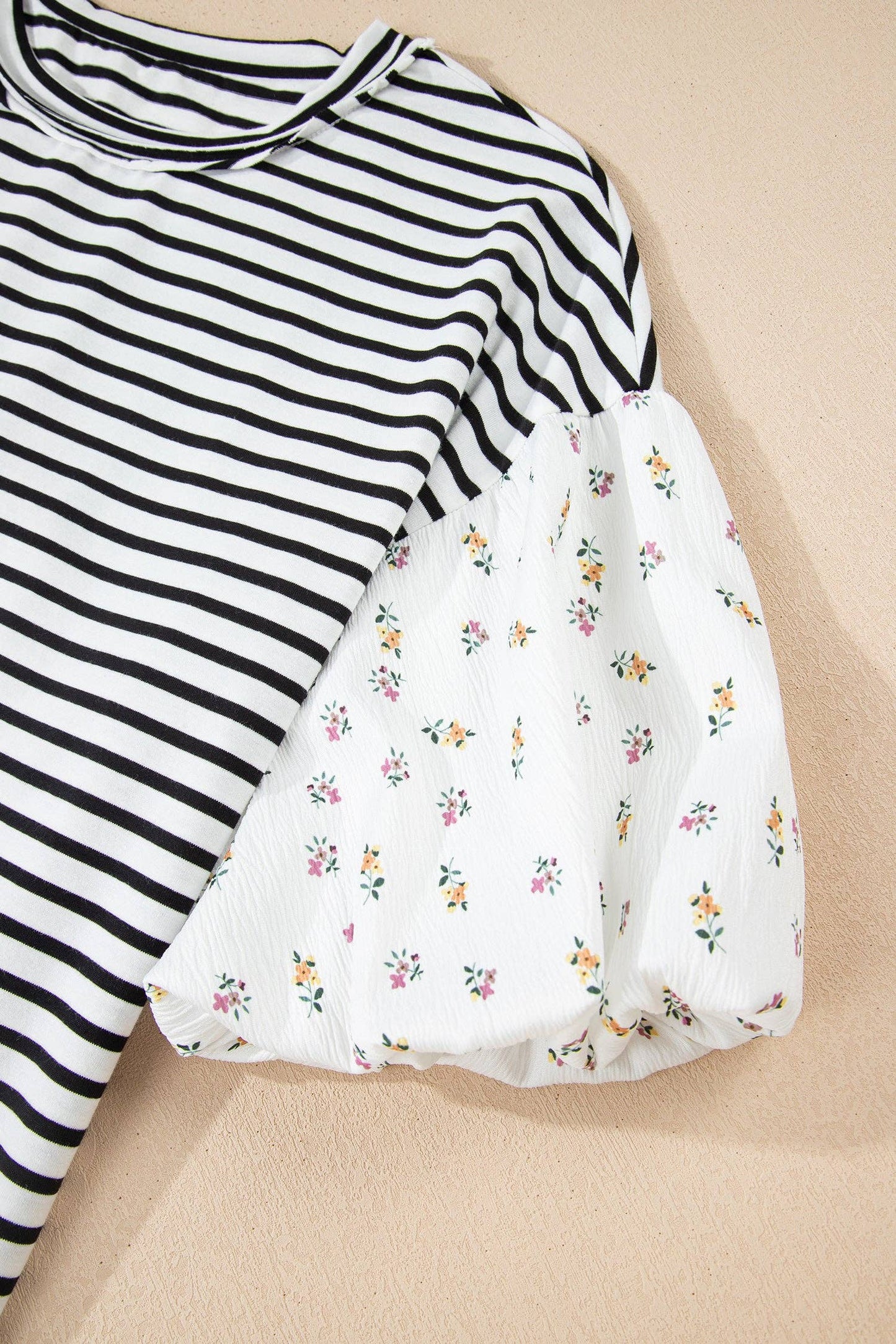 Secret Style Source - Green Stripe Floral Puff Sleeve Round Neck Loose Top