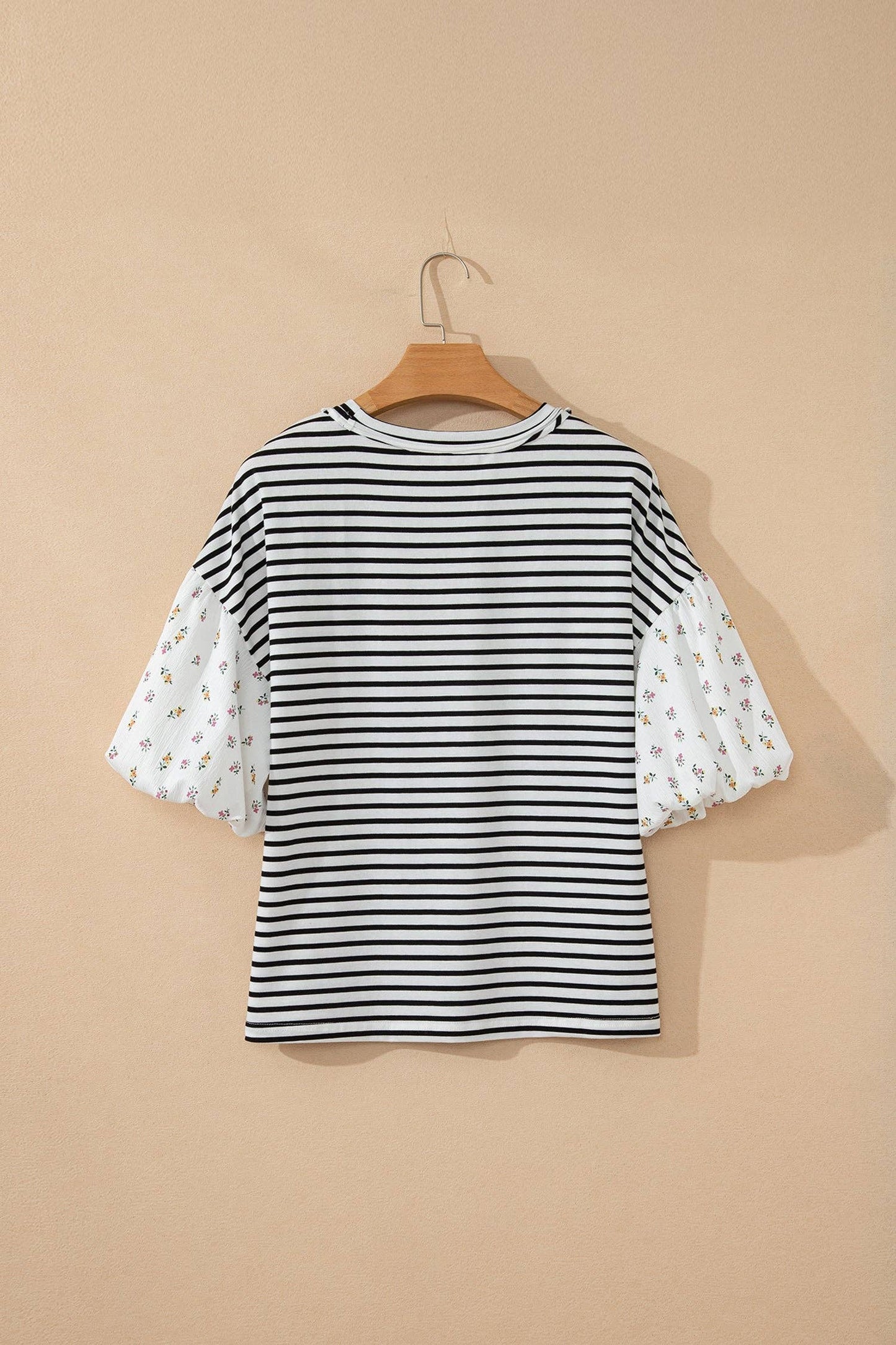 Secret Style Source - Green Stripe Floral Puff Sleeve Round Neck Loose Top