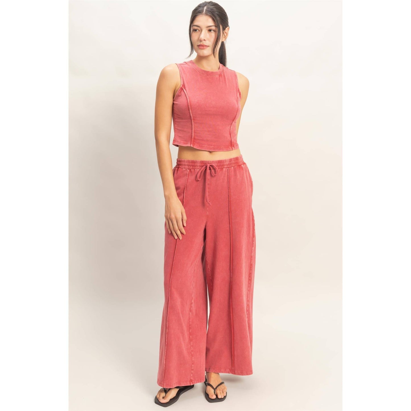 Double Zero - Mineral Washed Sleeveless Top & Wide Leg Pants Set