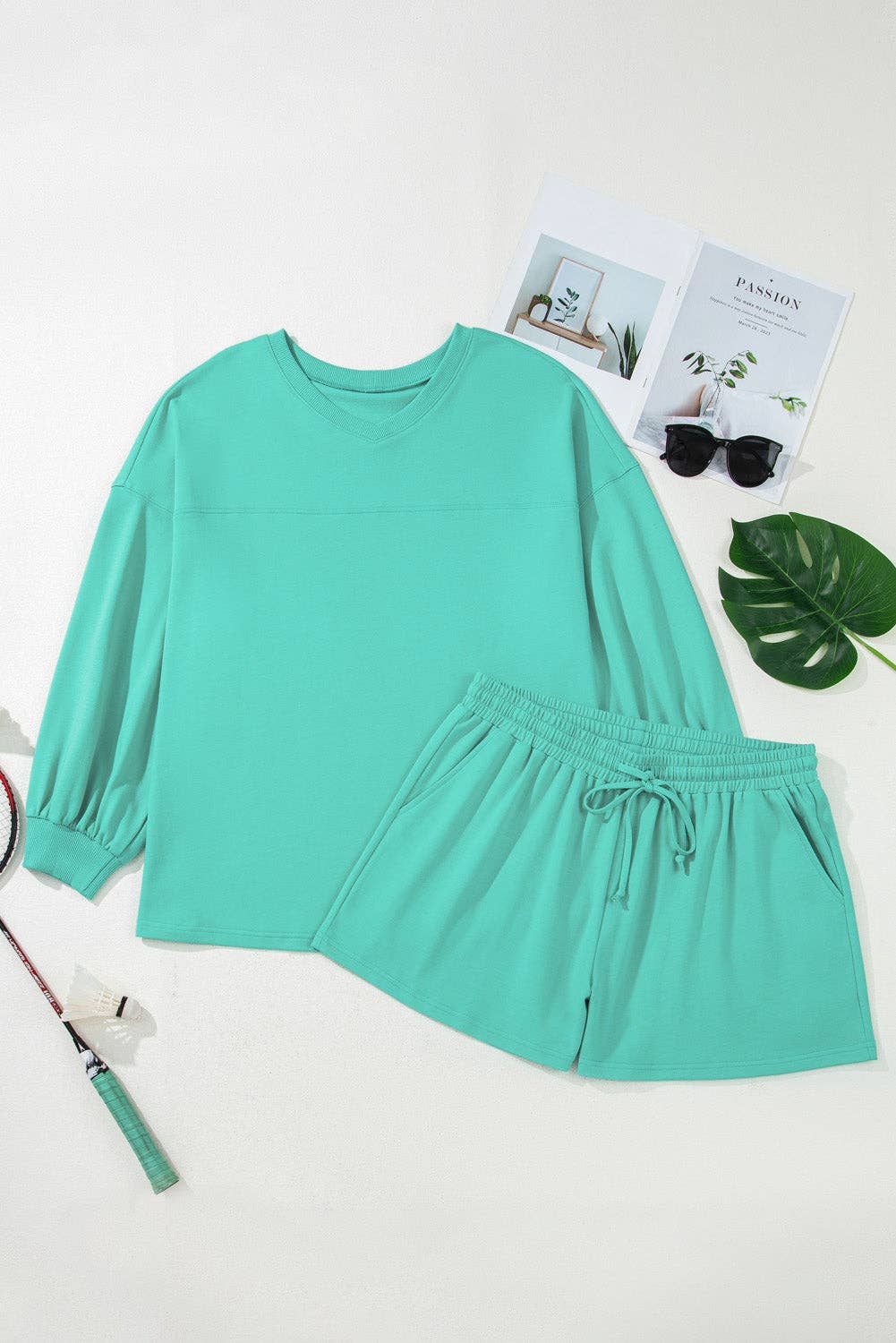 LALA LOO - Plus Size V-Neck Top and Drawstring Short Set