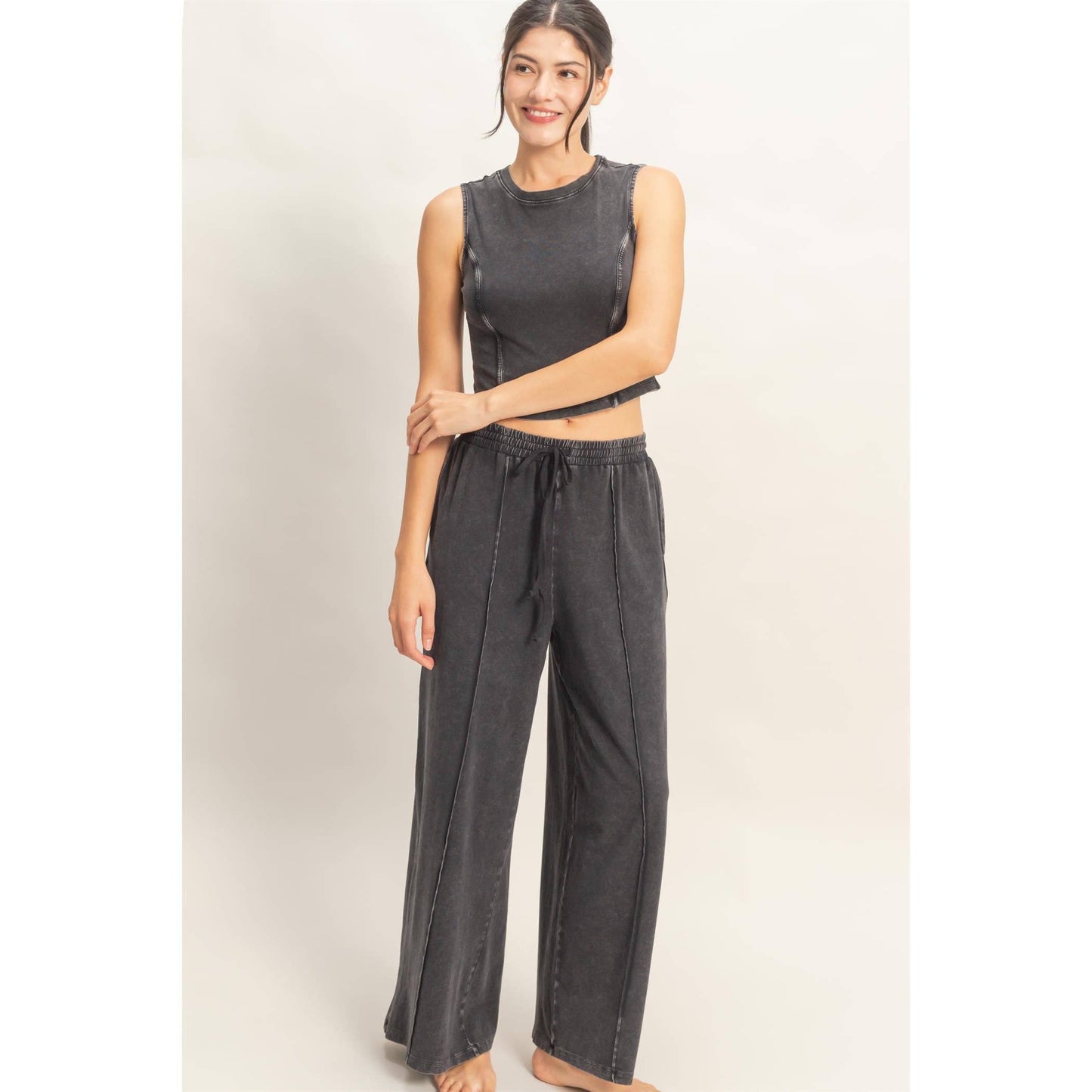 Double Zero - Mineral Washed Sleeveless Top & Wide Leg Pants Set