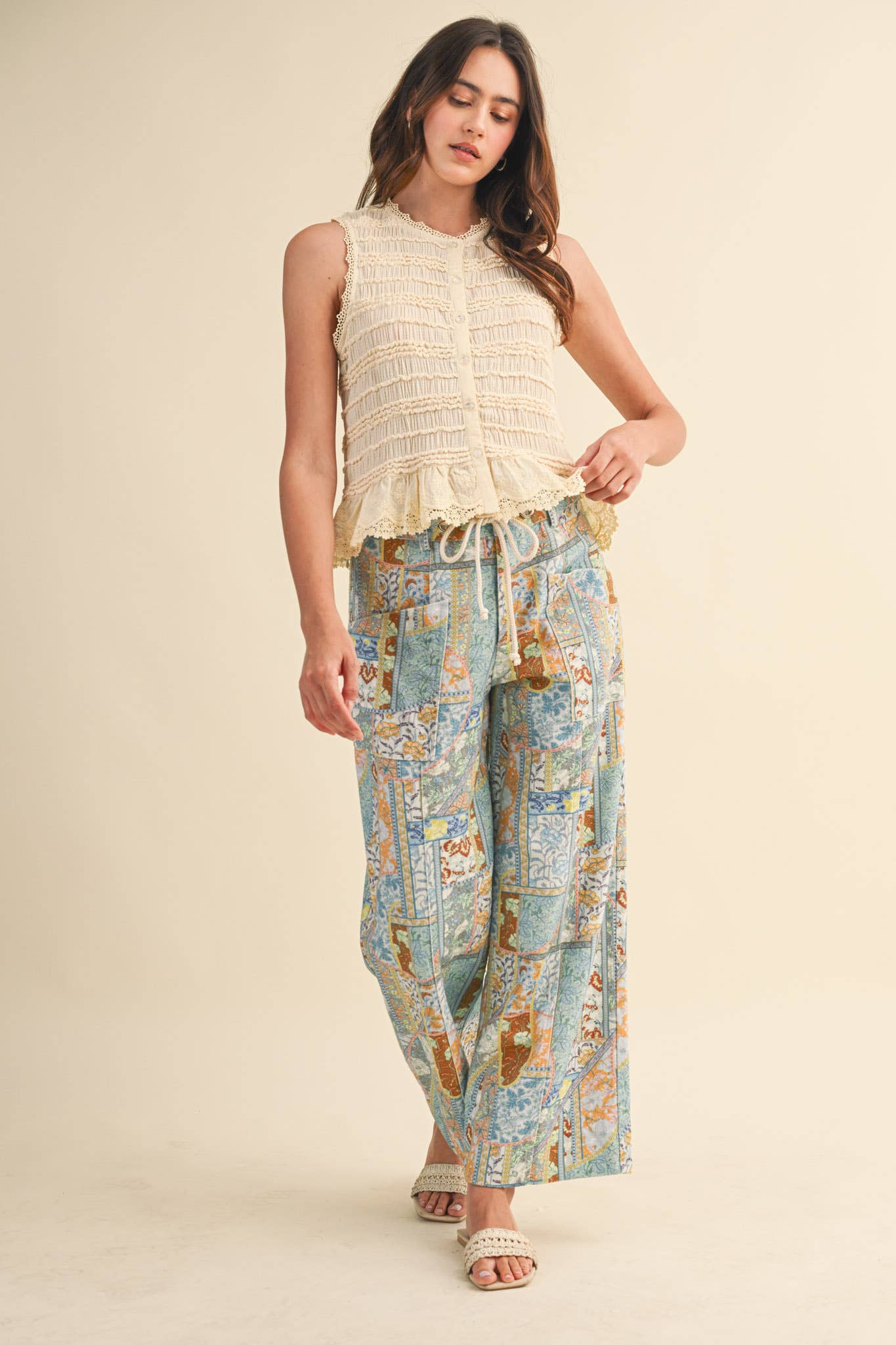 &MERCI - SHIRRED BUTTON DOWN TOP WITH LACE TRIM MTP4759