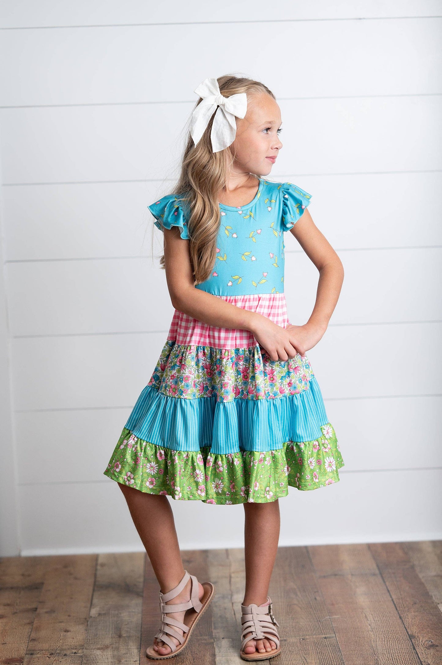 Adorable Sweetness - Girls Ava Twirl Teal Floral Check Tiered Spring Easter Dress