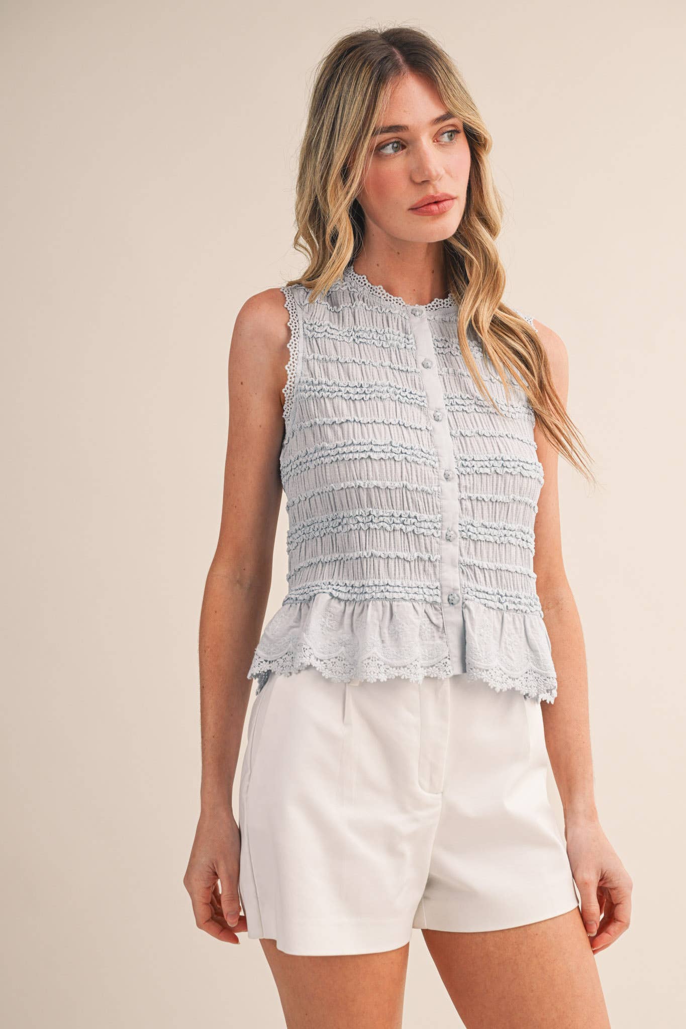 &MERCI - SHIRRED BUTTON DOWN TOP WITH LACE TRIM MTP4759