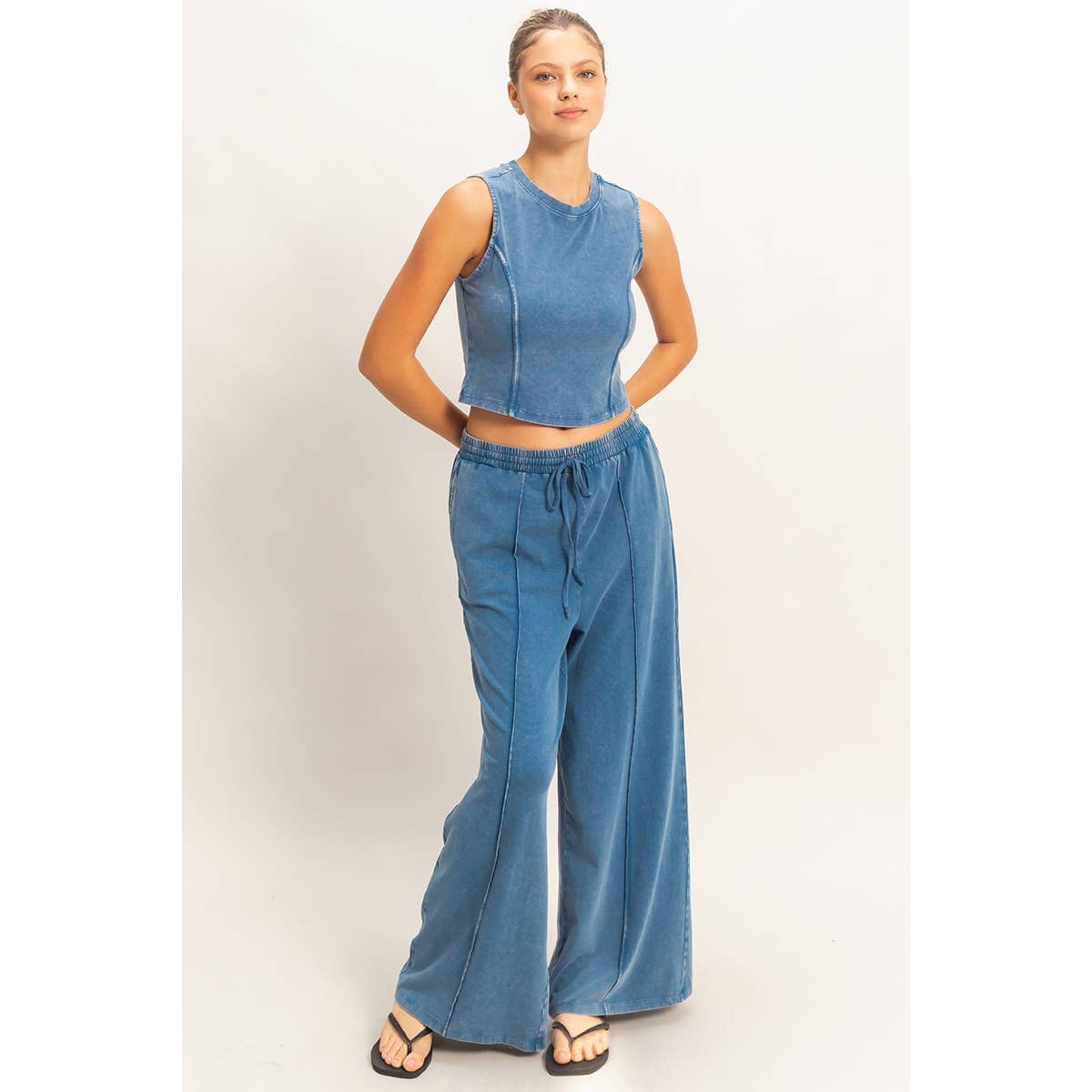 Double Zero - Mineral Washed Sleeveless Top & Wide Leg Pants Set