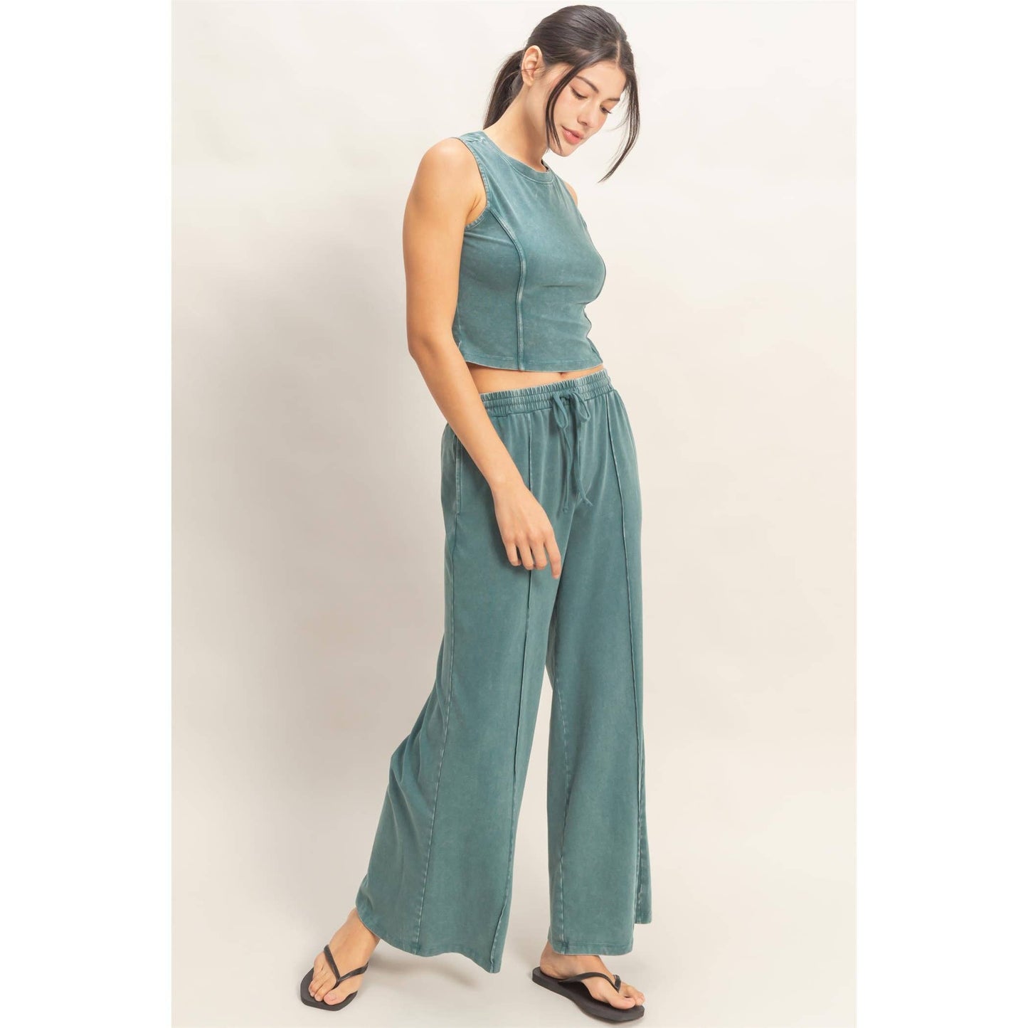 Double Zero - Mineral Washed Sleeveless Top & Wide Leg Pants Set