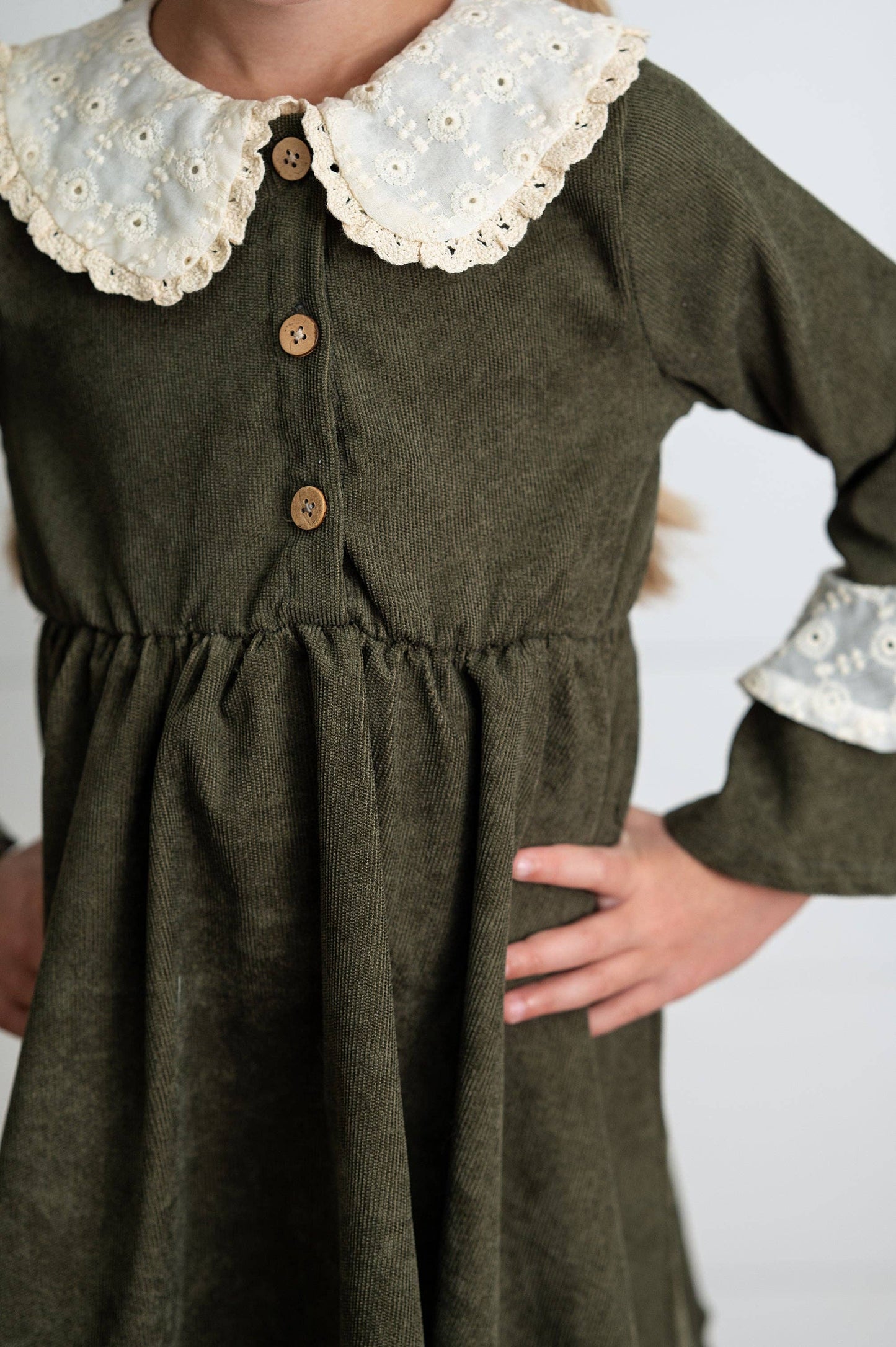 Wren & James - Girls Olive Green Corduroy & Lace Bell Sleeve Fall Dress