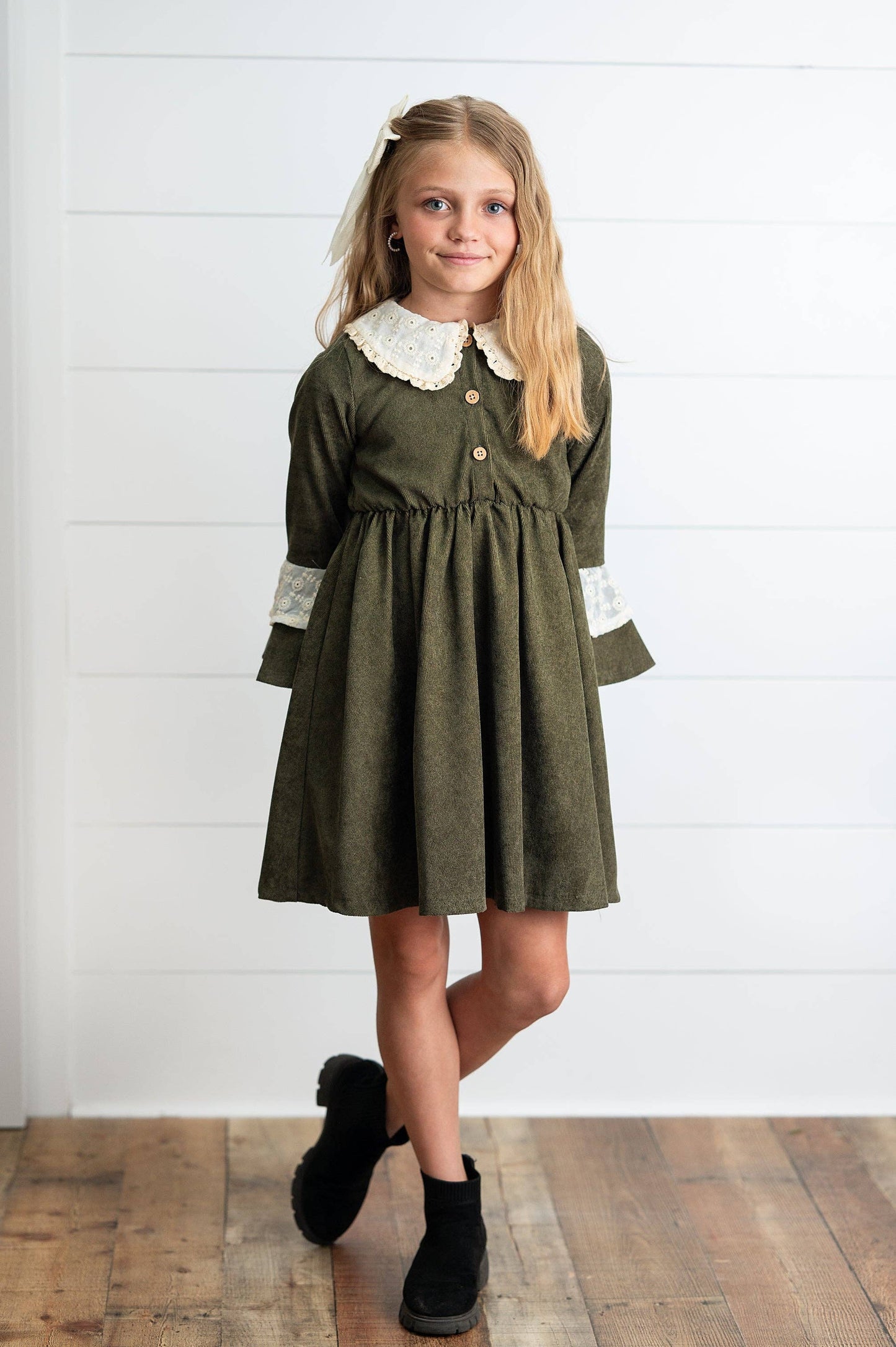 Wren & James - Girls Olive Green Corduroy & Lace Bell Sleeve Fall Dress