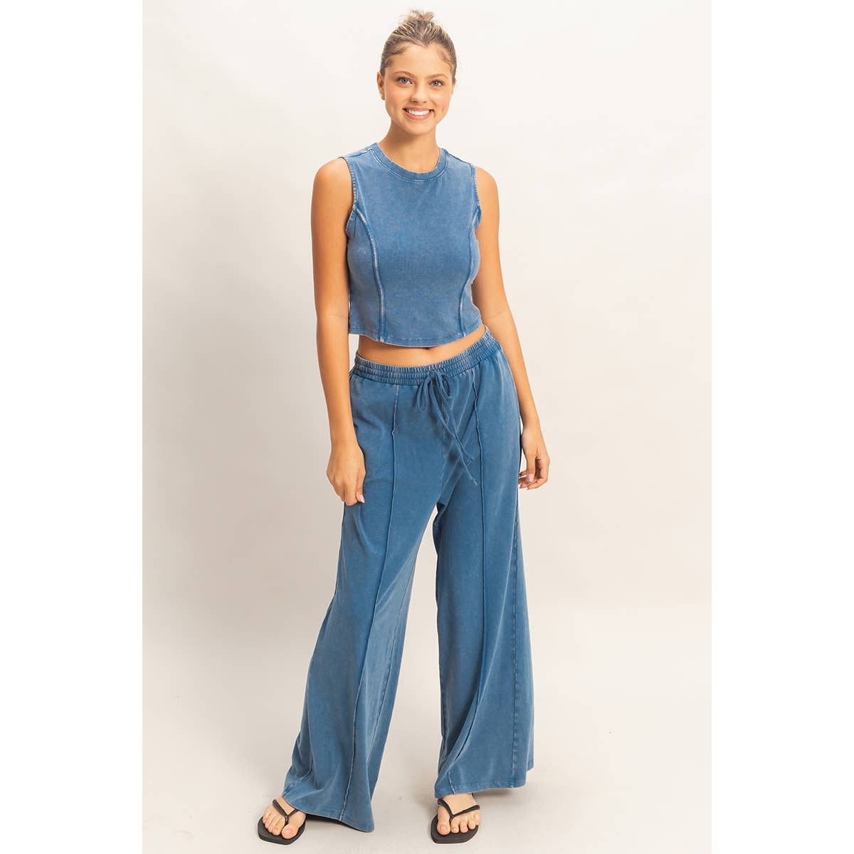 Double Zero - Mineral Washed Sleeveless Top & Wide Leg Pants Set
