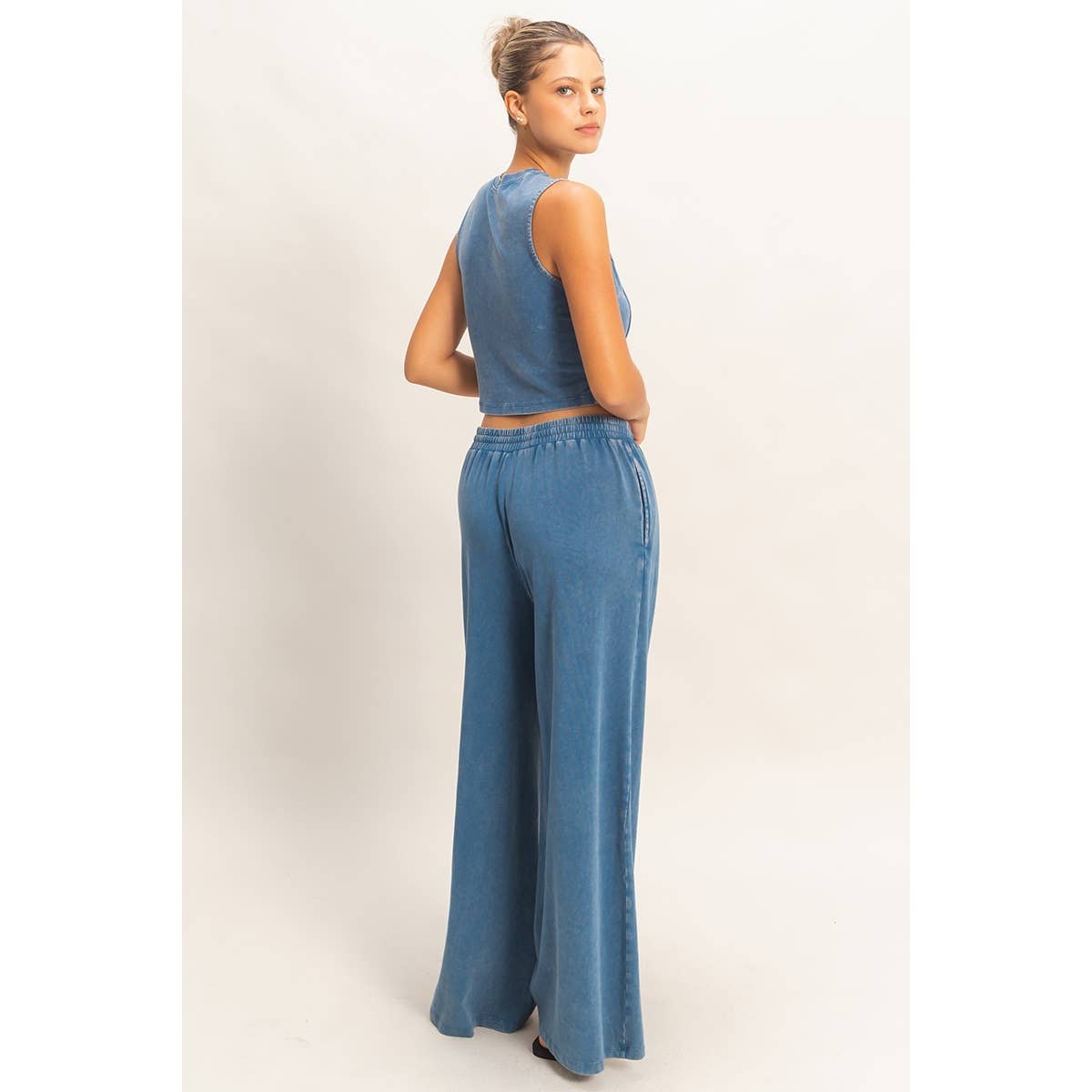 Double Zero - Mineral Washed Sleeveless Top & Wide Leg Pants Set
